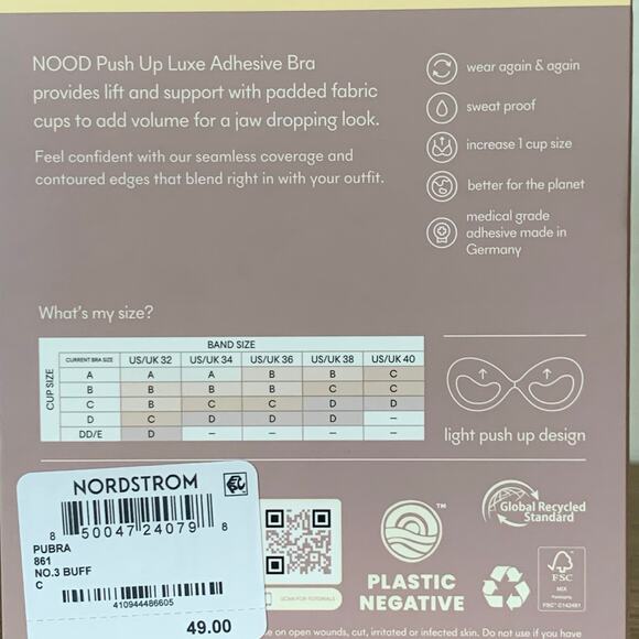 NIB NOOD Push-Up Luxe Adhesive Bra Size C Cup Padded Backless Strapless Reusable - Picture 5 of 6